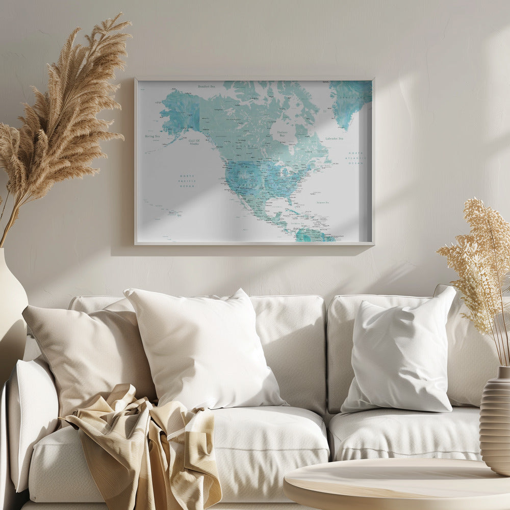 Map of North America in aquamarine watercolor Poster