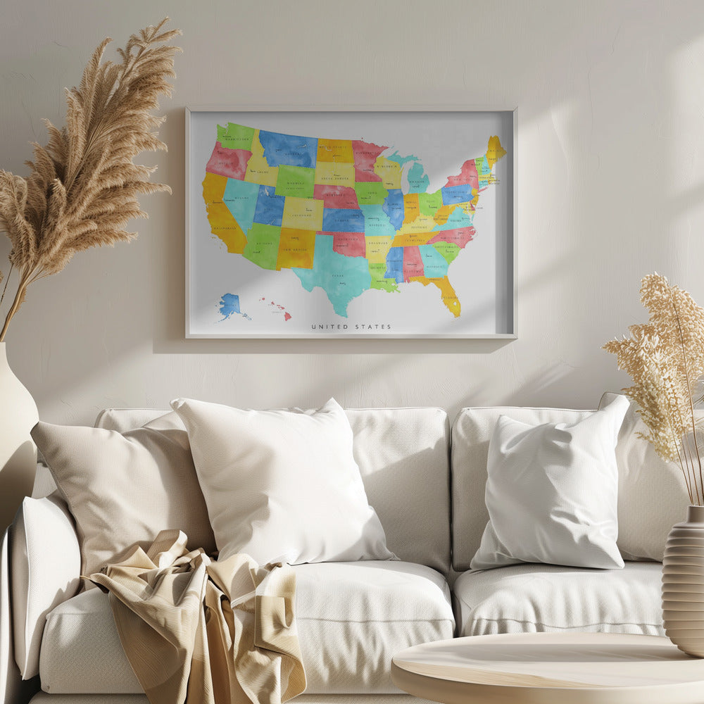 Colorful map of the United States with States and State capitals Poster