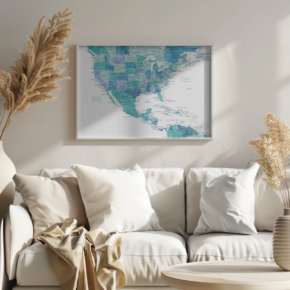 Aqua map of the United States and the Caribbean sea Poster