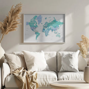 Detailed world map with cities, Caribbean waters Poster