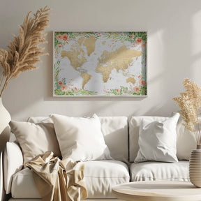 Floral bohemian world map with cities, Blythe Poster