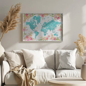 Detailed floral world map with cities, Haven Poster