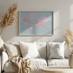 Pink and aqua world map with cities, Isobel Poster