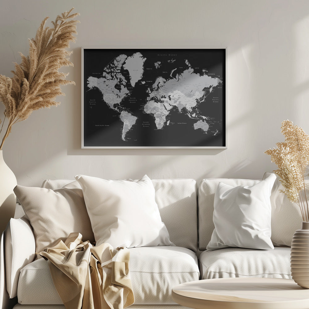 Gray world map with cities, Joseph Poster