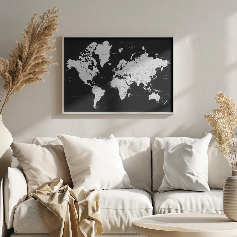 Black and white world map with cities, Connie Poster