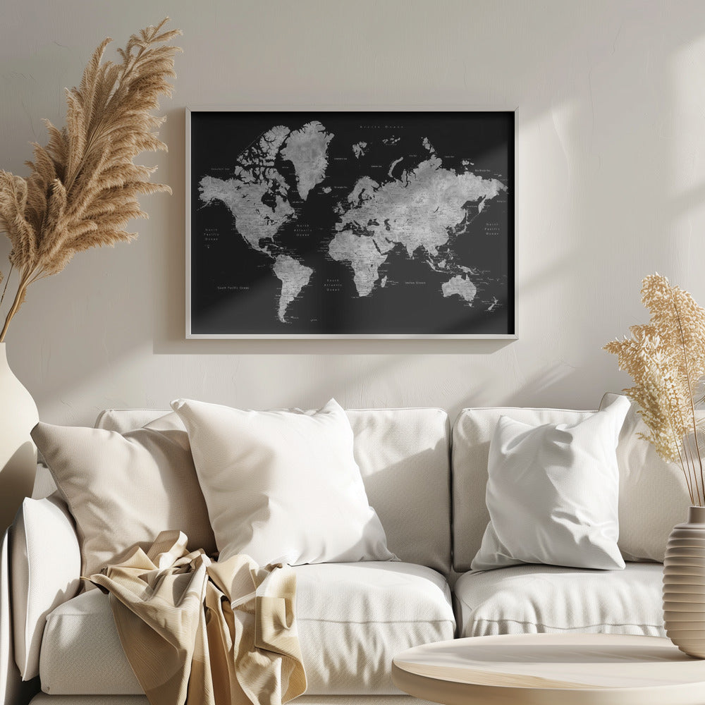 Gray world map with cities, Baibah Poster