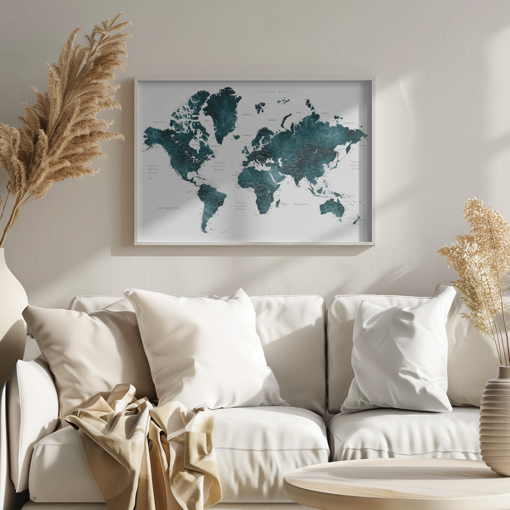 Dark teal world map with cities, Makani Poster