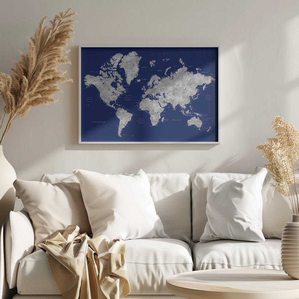 Watercolor world map with cities, Kawena Poster