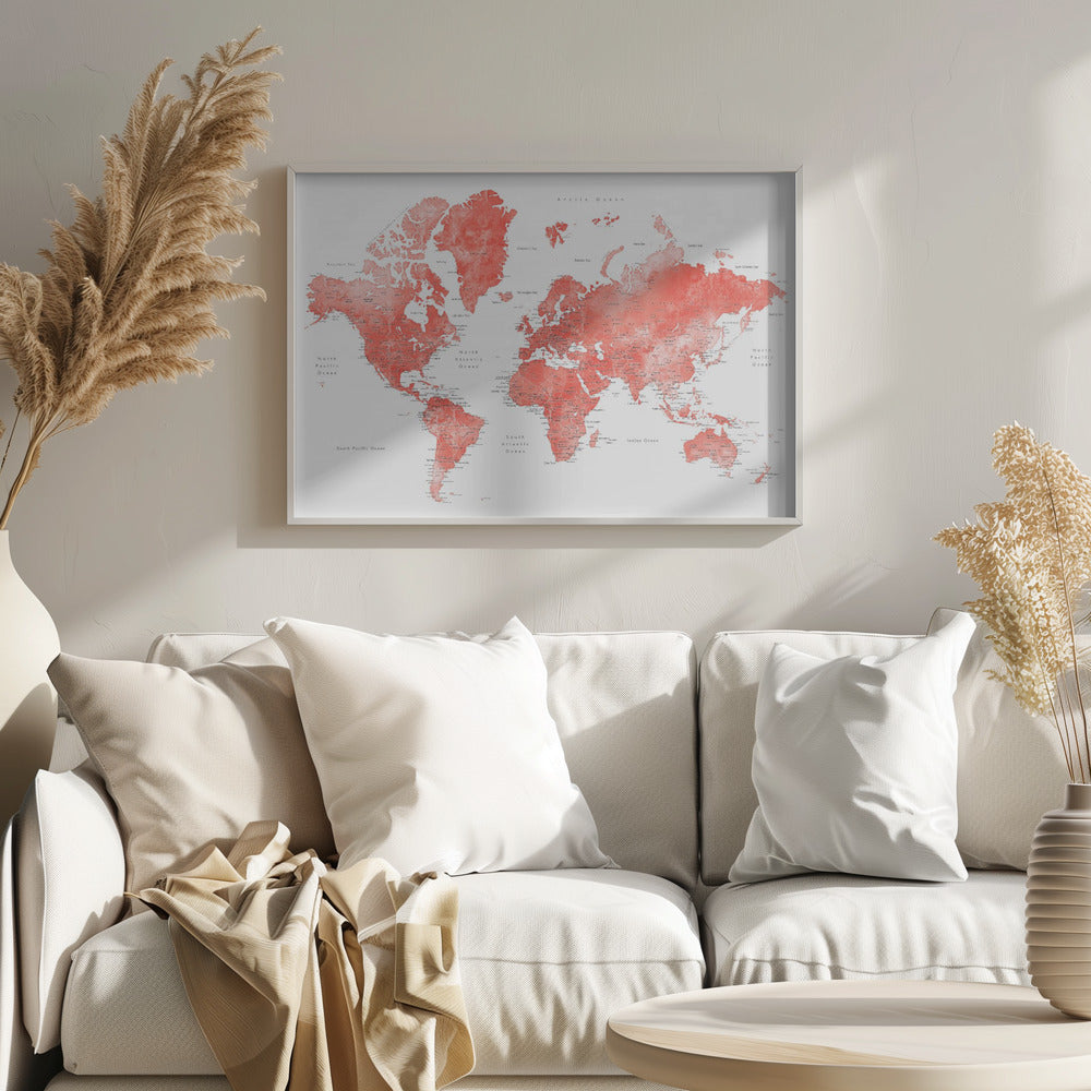 Watercolor world map with cities, Coralinah Poster