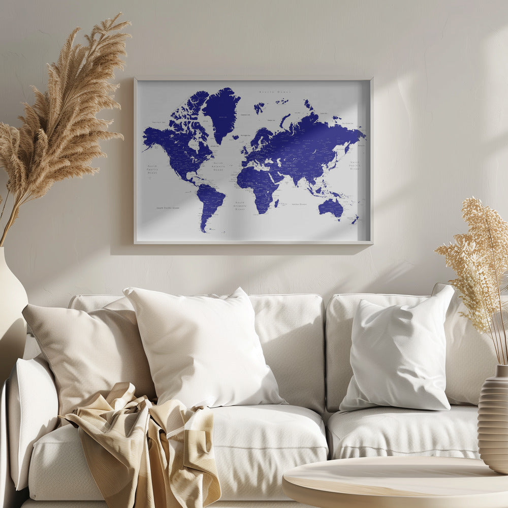 Navy blue world map with cities, Nevin Poster