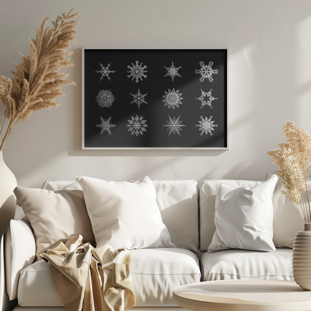 Twelve geometric snowflakes in black Poster