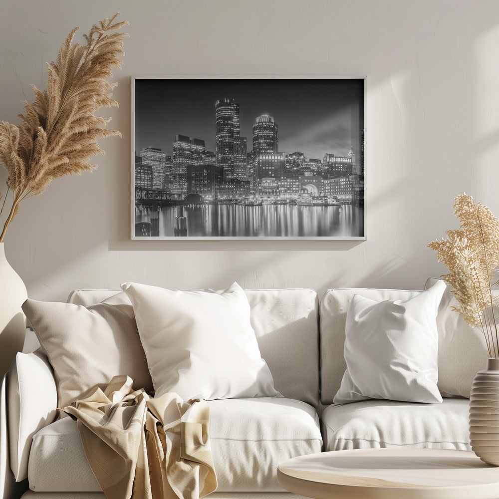 BOSTON Fan Pier Park &amp; Skyline in the evening - Monochrome Panoramic Poster