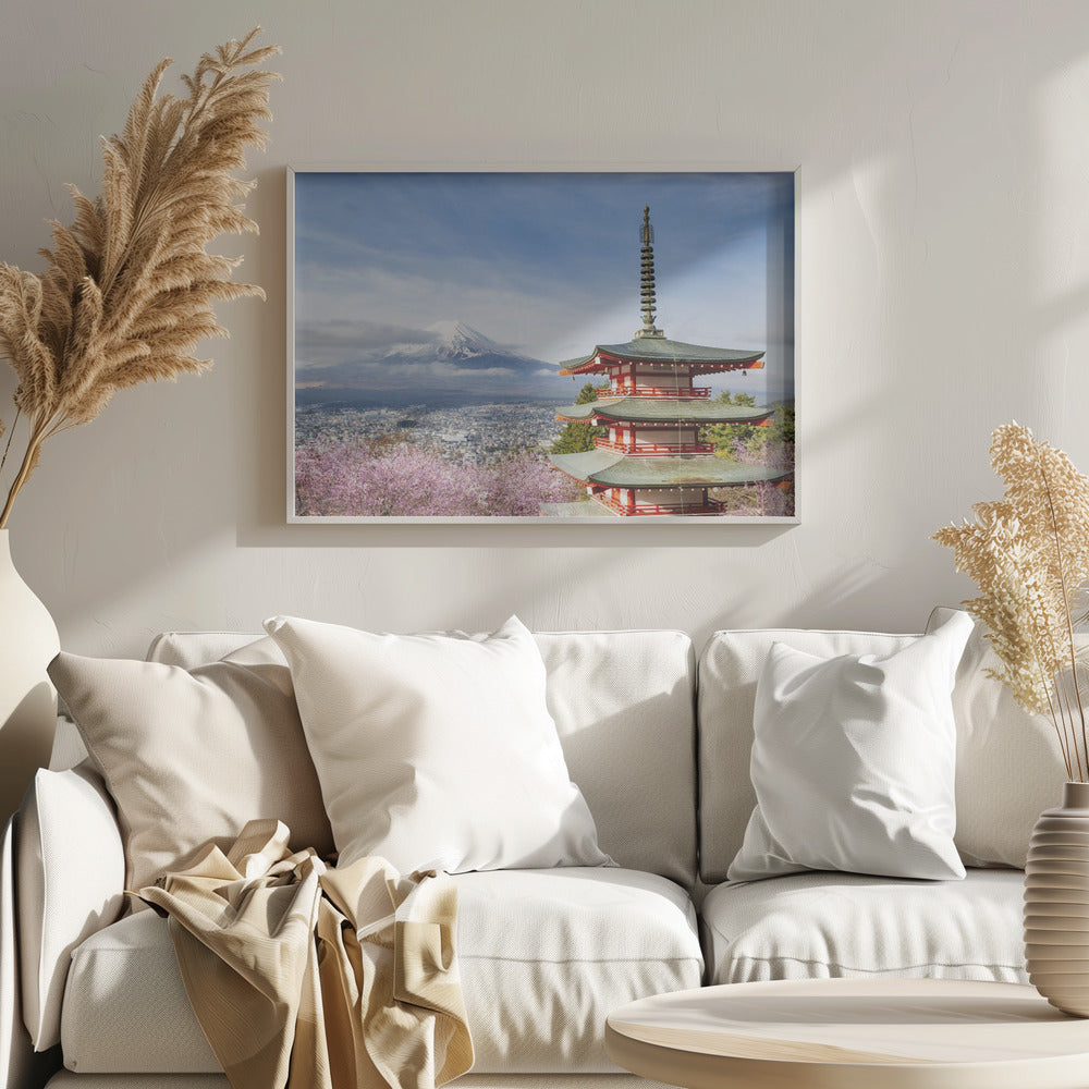 Magnificent view of Mount Fuji with Chureito Pagoda during cherry blossom season Poster