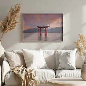 Vermilion Torii of Itsukushima Shrine on Miyajima at sunset Poster