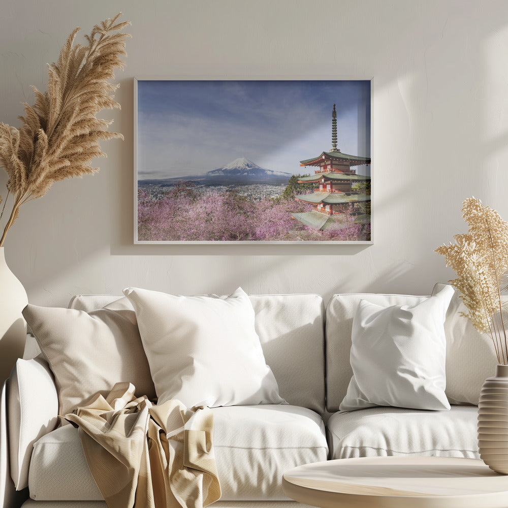 Magnificent panoramic view of Mount Fuji with Chureito Pagoda during cherry blossom season Poster