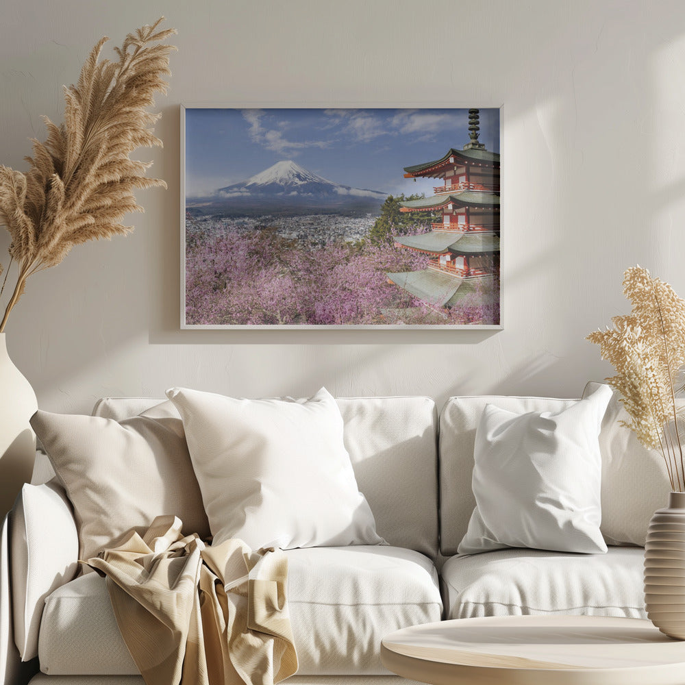 Picturesque view of Mount Fuji with Chureito Pagoda during cherry blossom season Poster