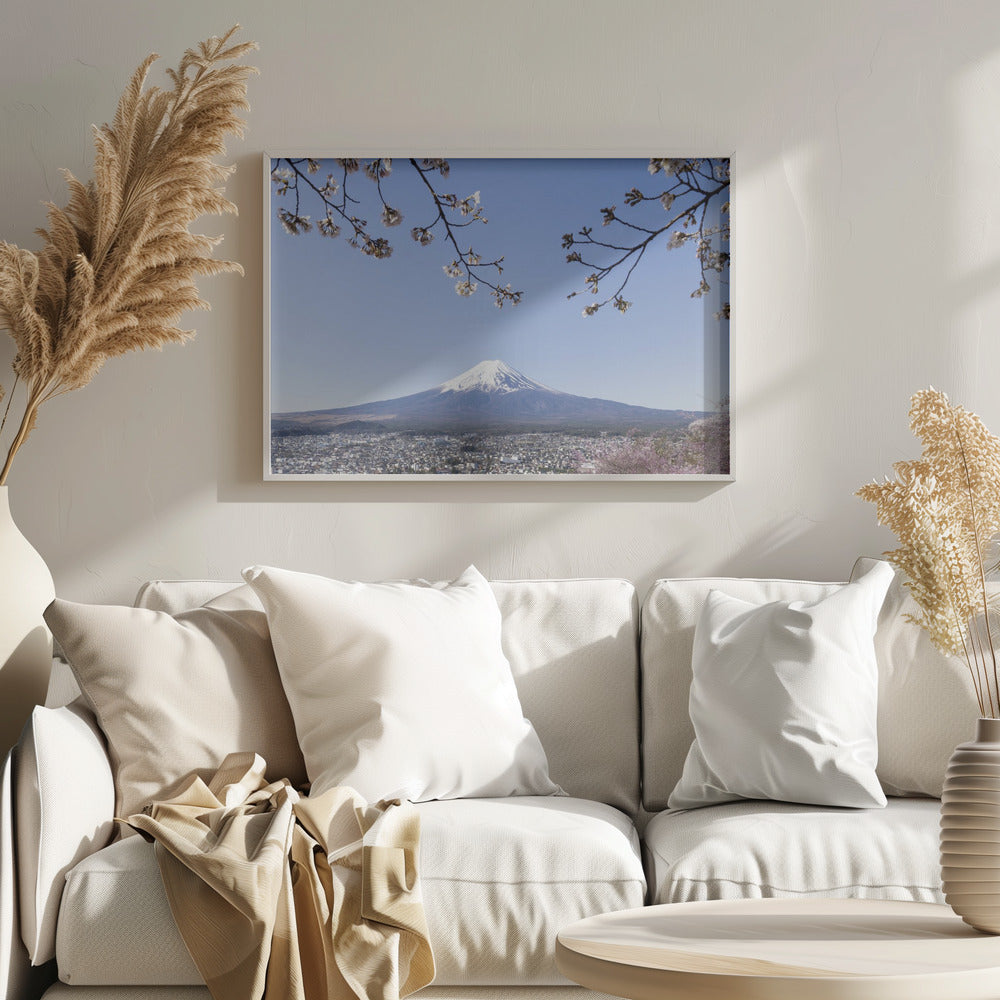 Fantastic panoramic view of Mount Fuji with cherry blossoms Poster