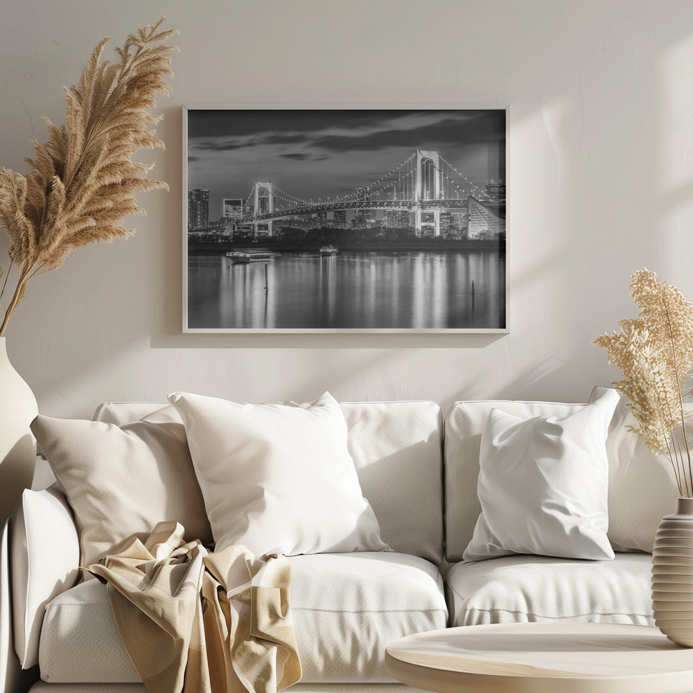 Gorgeous Rainbow Bridge and Tokyo Skyline at sunset - monochrome Poster