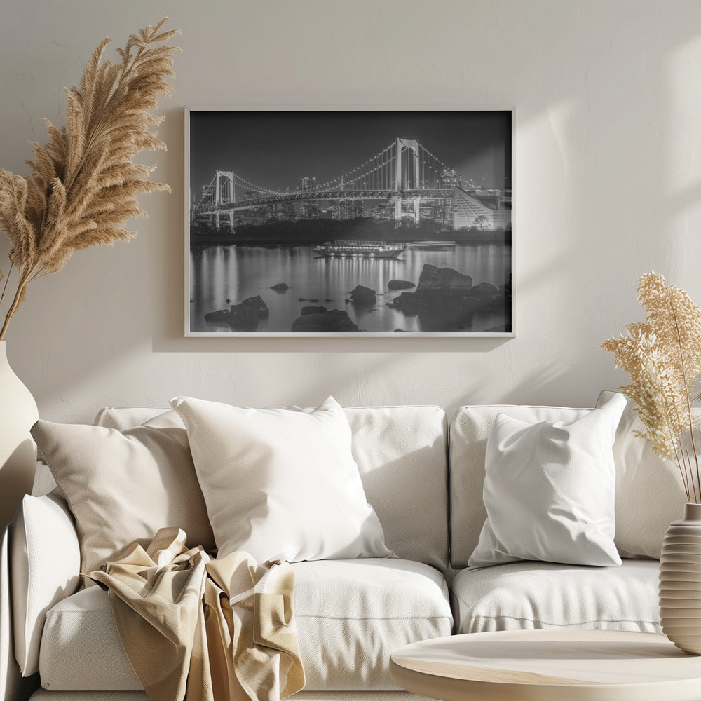 Striking Rainbow Bridge with Tokyo Skyline in the evening - monochrome panorama Poster