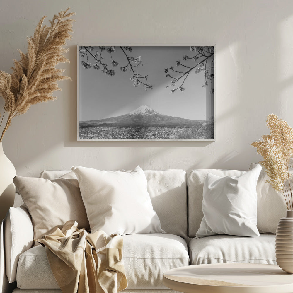 Fantastic panoramic view of Mount Fuji with cherry blossoms - monochrome Poster