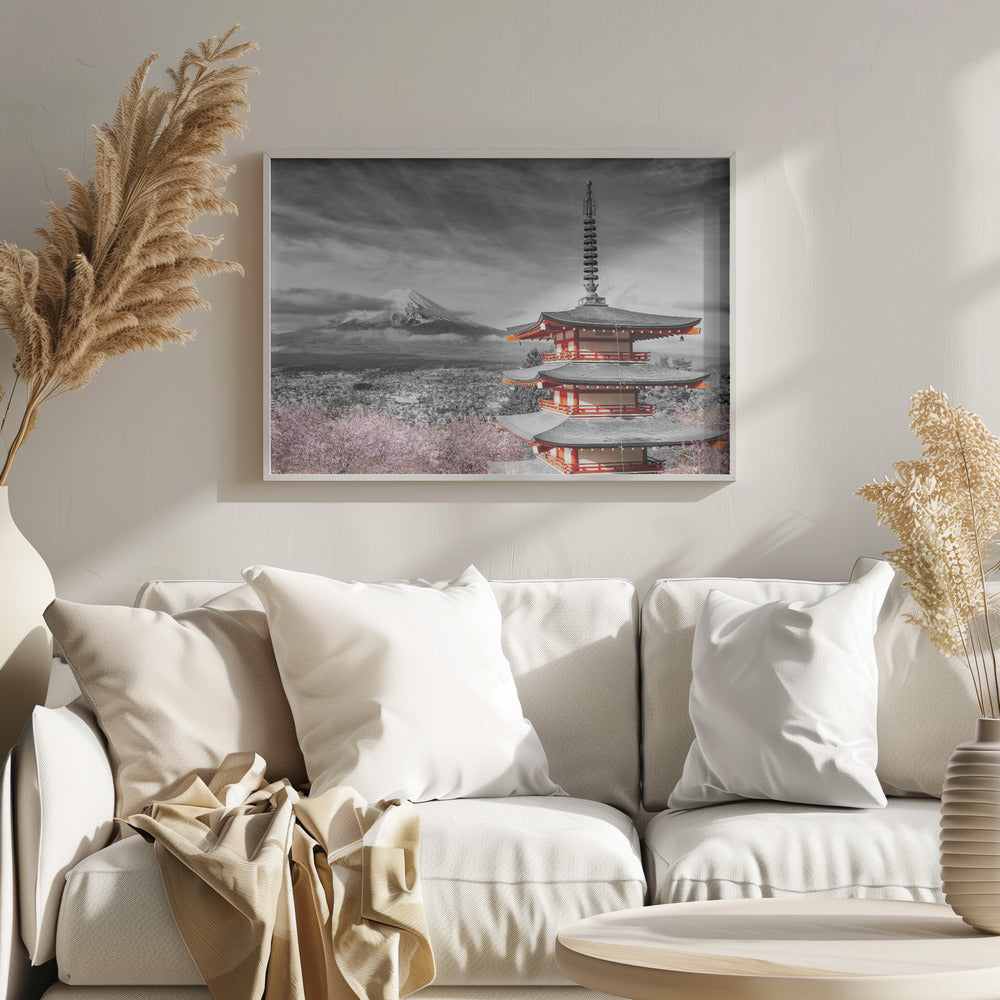 Magnificent view of Mount Fuji with Chureito Pagoda during cherry blossom season - colorkey Poster