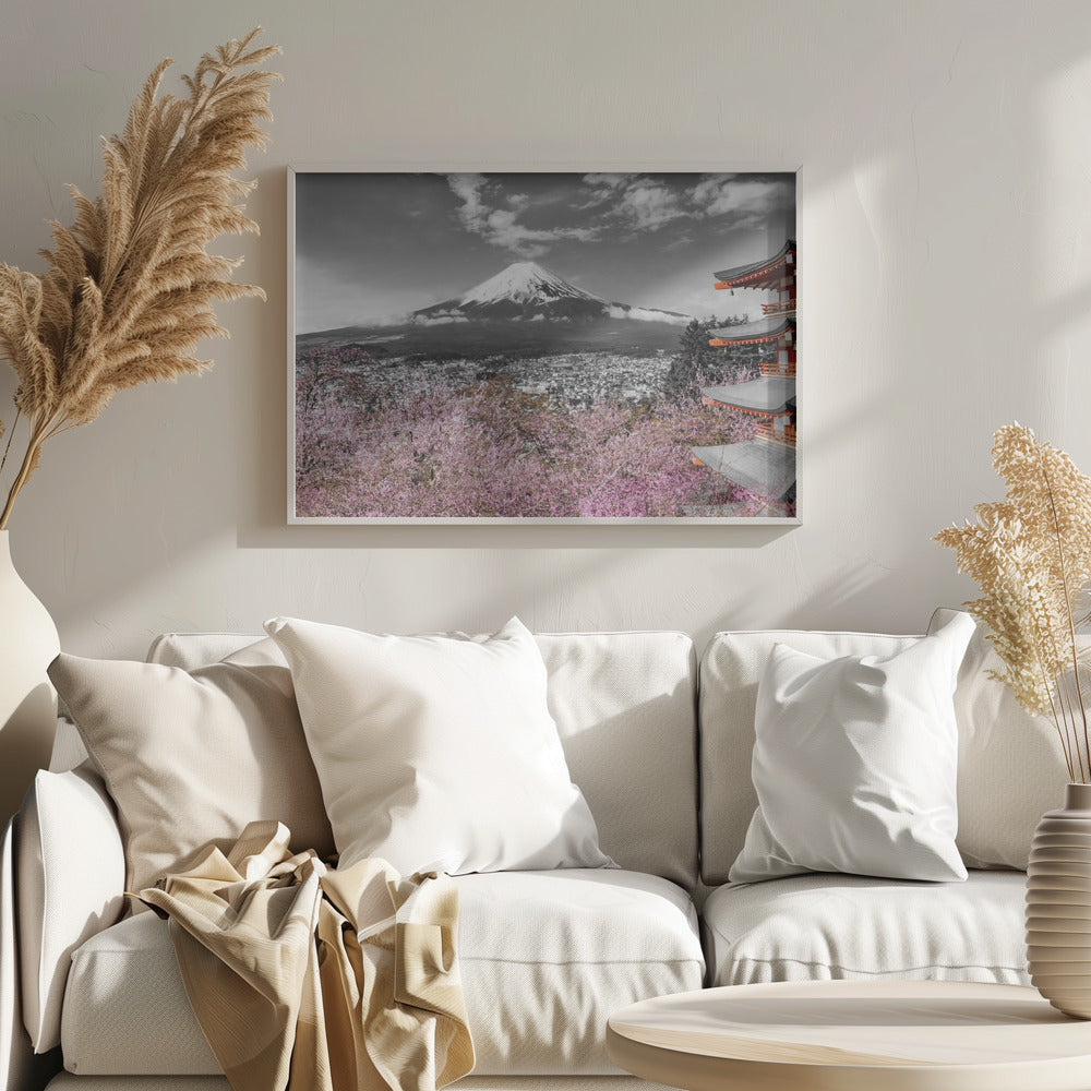 Idyllic panoramic view of Mount Fuji with Pagoda and Cherry Trees - colorkey Poster