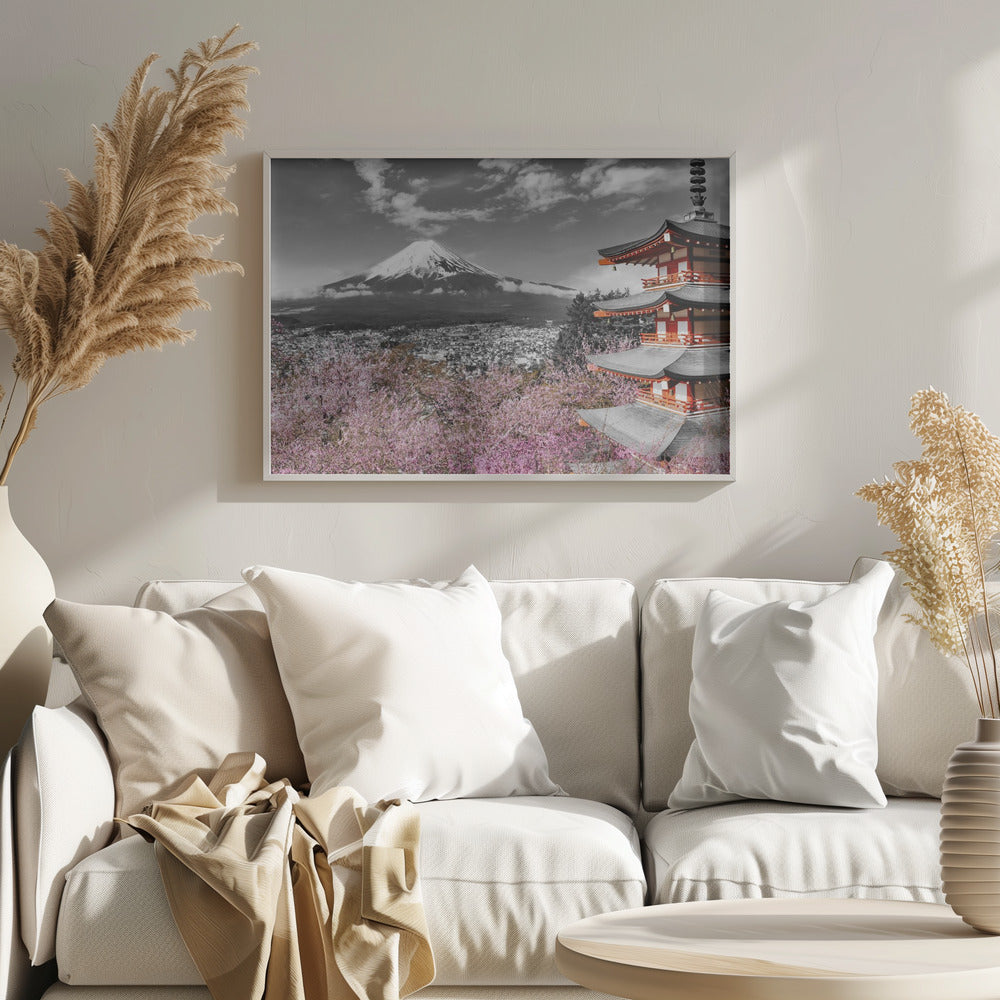 Lovely view of Mount Fuji with Pagoda and Cherry Trees - colorkey Poster