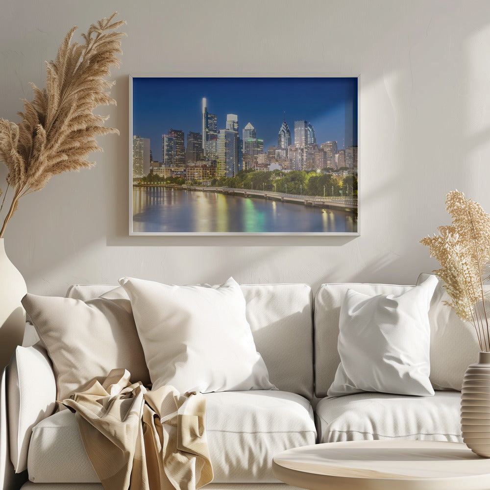 View of downtown Philadelphia from the South Street Bridge in the evening Poster