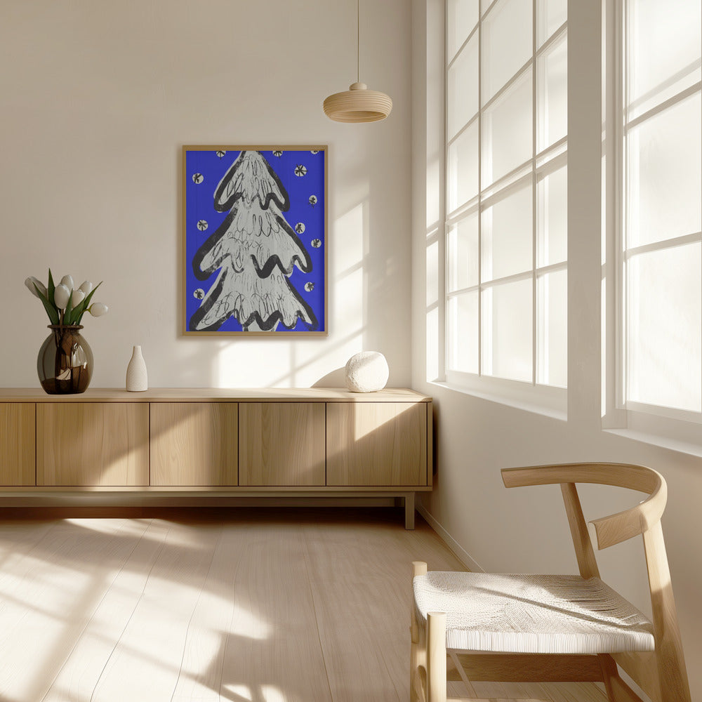 Christmas Tree And Snow Blue Poster