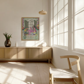 Woman reads on balcony Poster