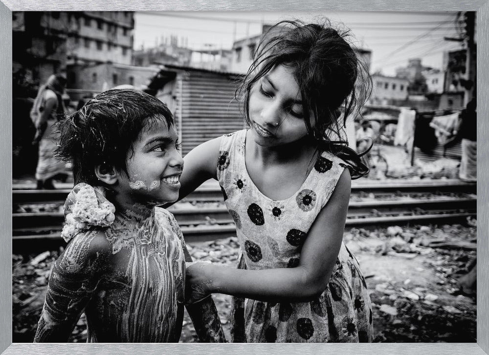 Morning hygiene in Dhaka slum Poster