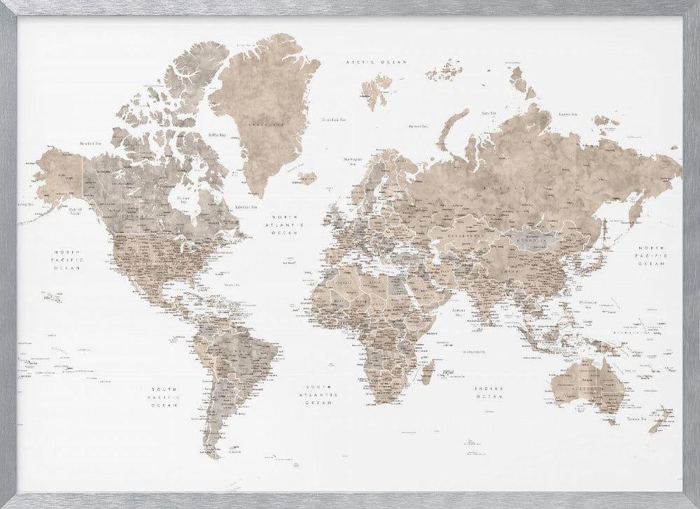 Detailed world map with cities, Abey Poster