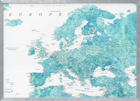 Aquamarine detailed map of Europe Poster