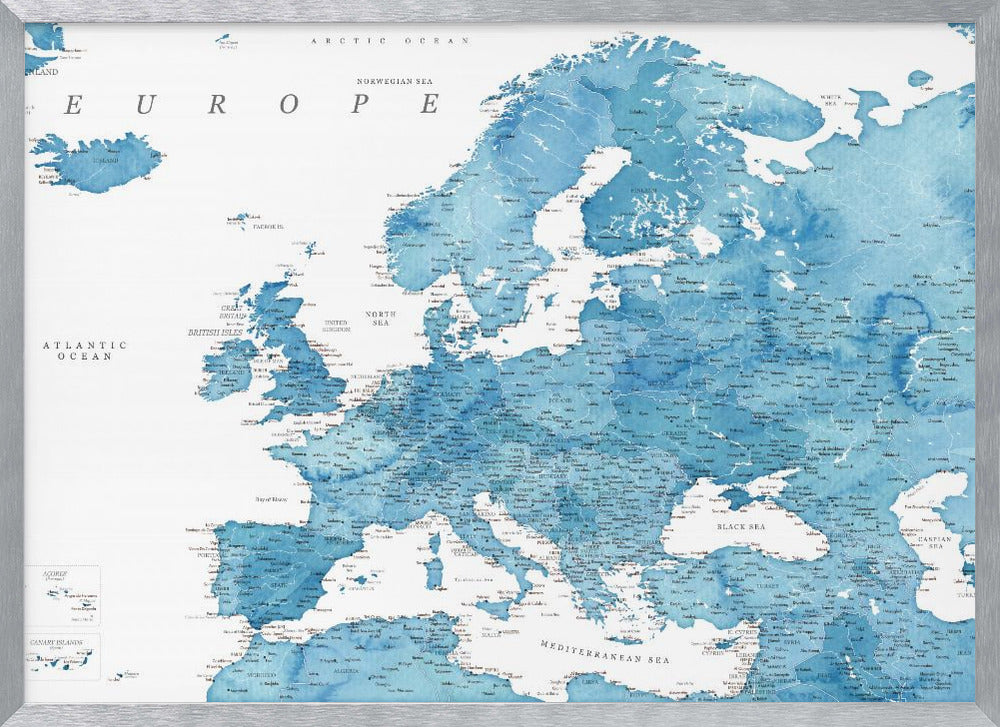 Blue detailed map of Europe Poster