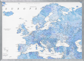 Light blue watercolor detailed map of Europe Poster