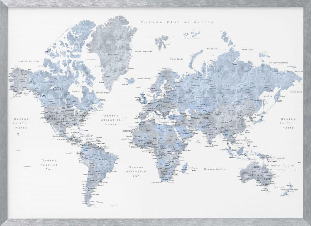 Blue world map in Spanish Poster