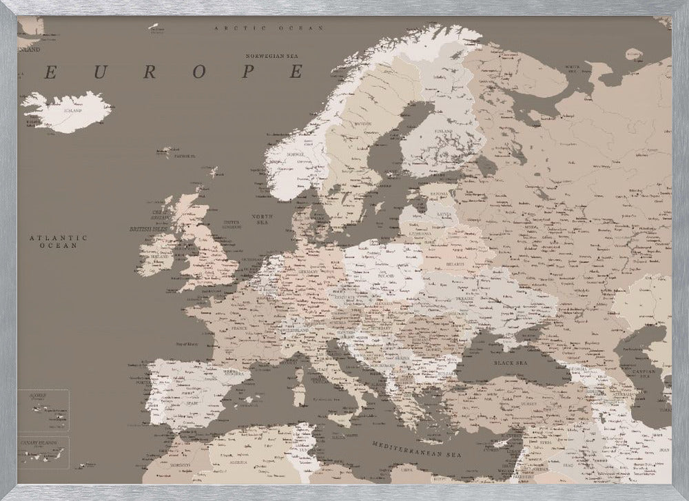 Earth tones detailed map of Europe Poster