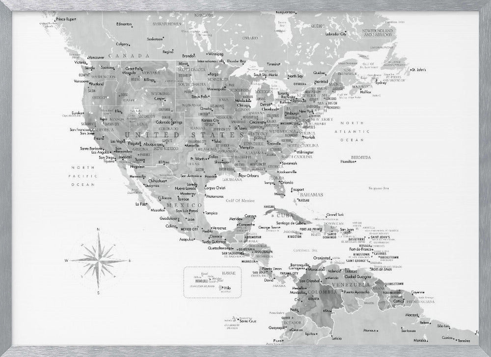 Gray map of USA and the Caribbean sea Poster