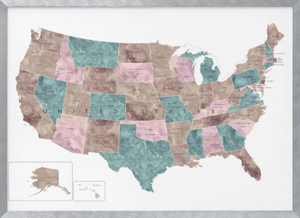 Pink and teal watercolor map of the US Poster