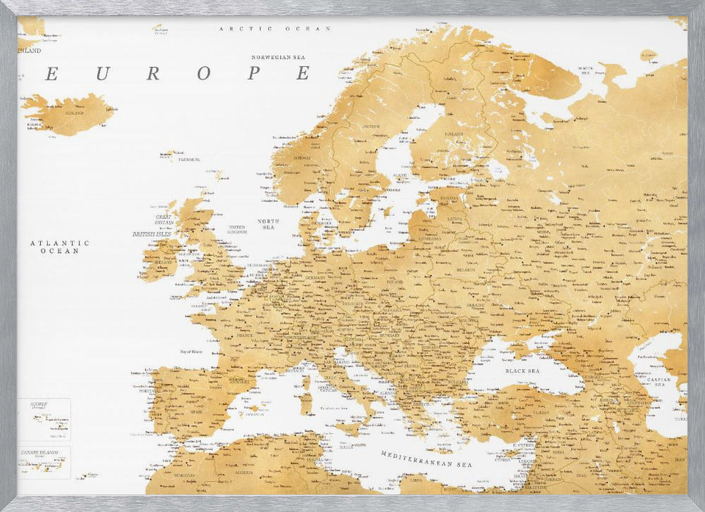 Golden detailed map of Europe Poster