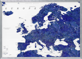 Navy blue detailed map of Europe Poster