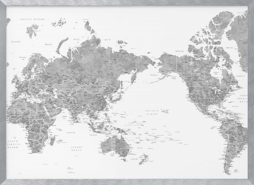 Pacific centered world map in gray watercolor Poster