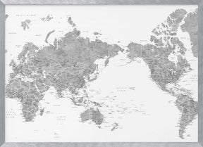 Pacific centered world map in gray watercolor Poster