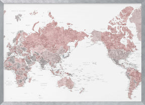 Pacific centered world map in dusty pink Poster