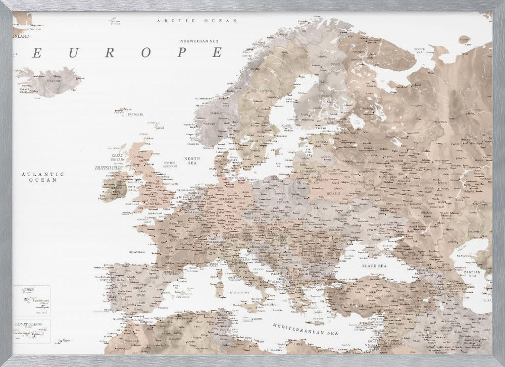 Taupe detailed map of Europe Poster