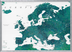 Teal detailed map of Europe Poster