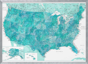 Highly detailed map of the United States, Caribbean waters Poster