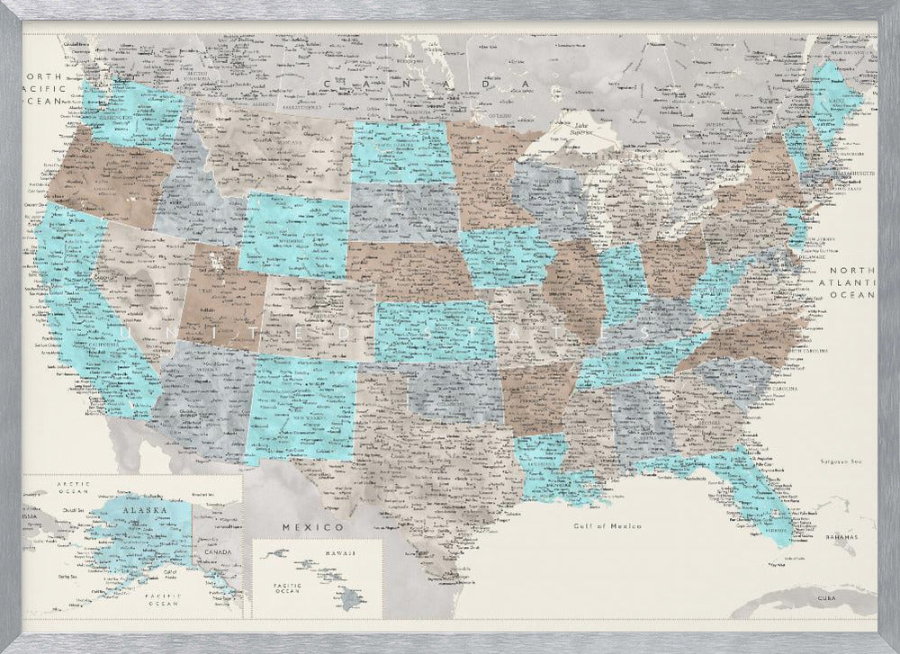 Highly detailed map of the United States, Romy Poster