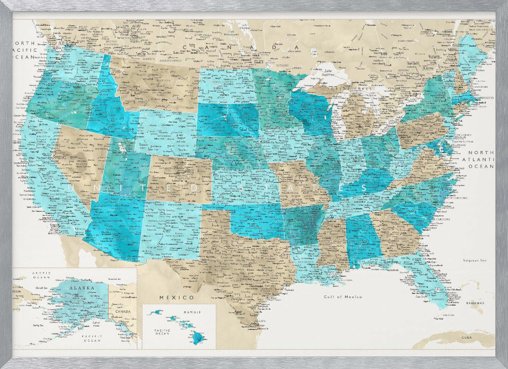 Highly detailed map of the United States, Uxia Poster