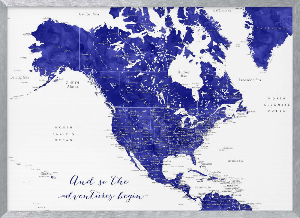 Adventure map of North America in cobalt blue Poster